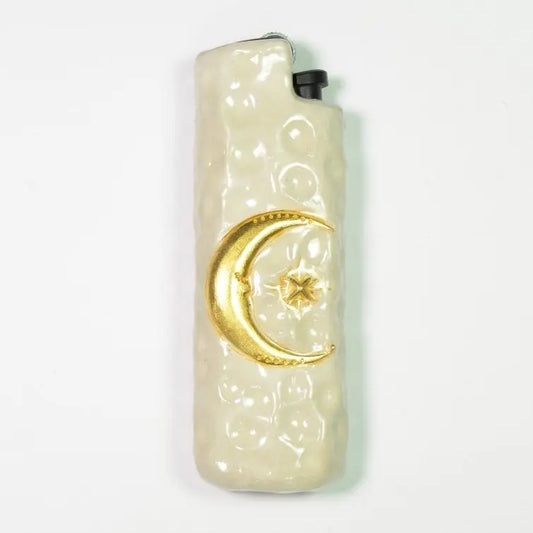 Ceramic lighter case with gold crescent moon and star design from Mellow Sora