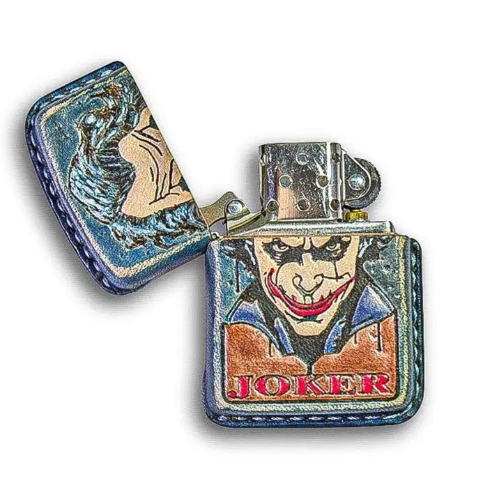 Joker-themed metal lighter case with colorful artwork on white background, Mellow Sora