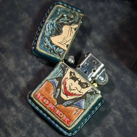 Handcrafted leather lighter case with Joker design on dark background, Mellow Sora accessory