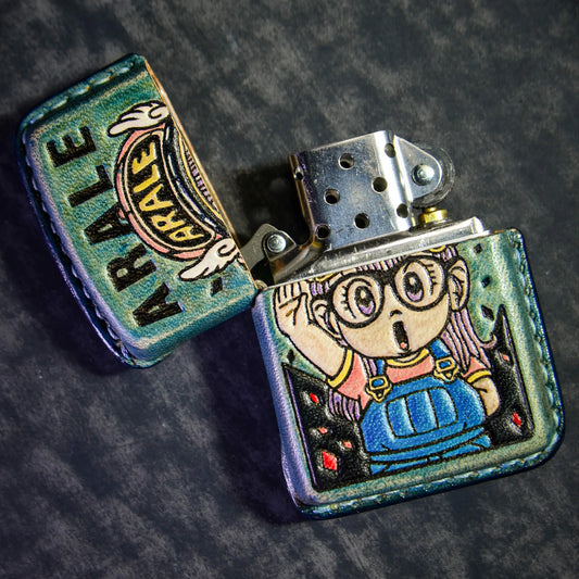 Mellow Sora cartoon lighter case with colorful Arale character design on textured surface