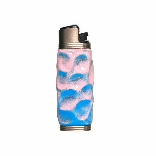 Mellow Sora textured lighter case with blue and pink wavy design on white background