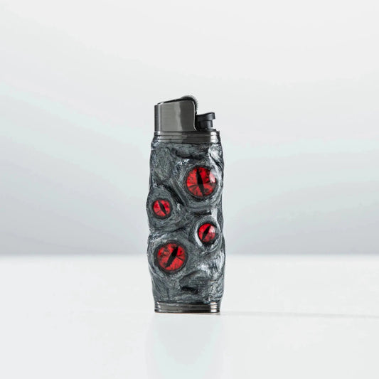 Unique Mellow Sora lighter case with textured gray surface and red gem accents