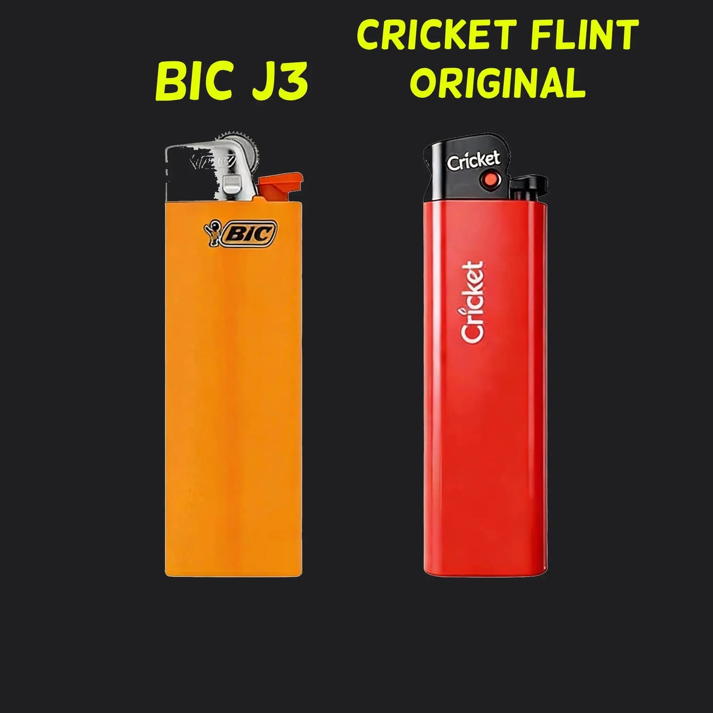 BIC J3 orange lighter and Cricket Flint Original red lighter on black background, Mellow Sora