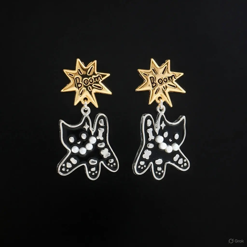 Gold and black cartoon cat earrings with 'Boom' star design, Mellow Sora accessories