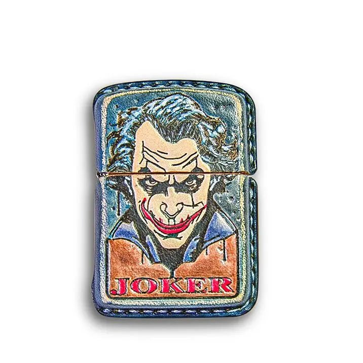 Mellow Sora leather Joker lighter case with colorful hand-painted villain artwork