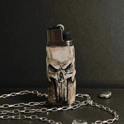Skull design lighter case with silver chain, unique accessory from Mellow Sora