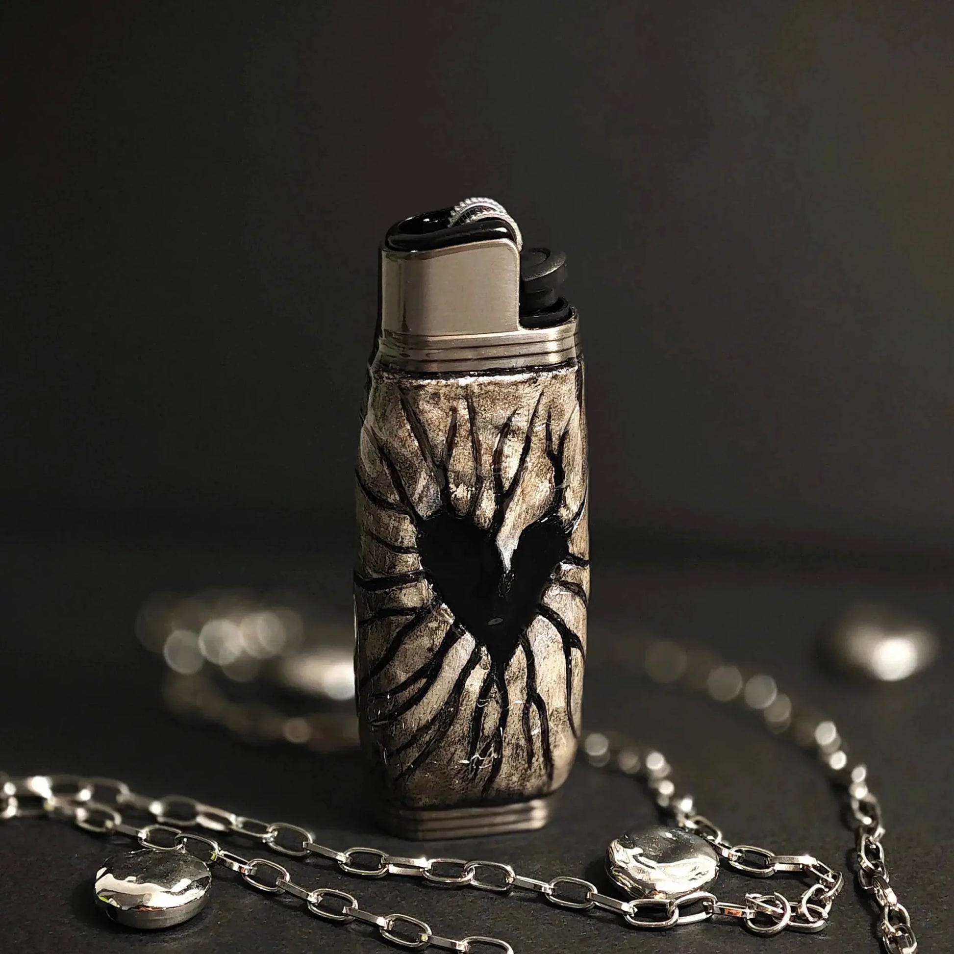Handcrafted lighter case with engraved heart design in silver tone, Mellow Sora accessory