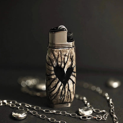 Handcrafted lighter case with engraved heart design in silver tone, Mellow Sora accessory