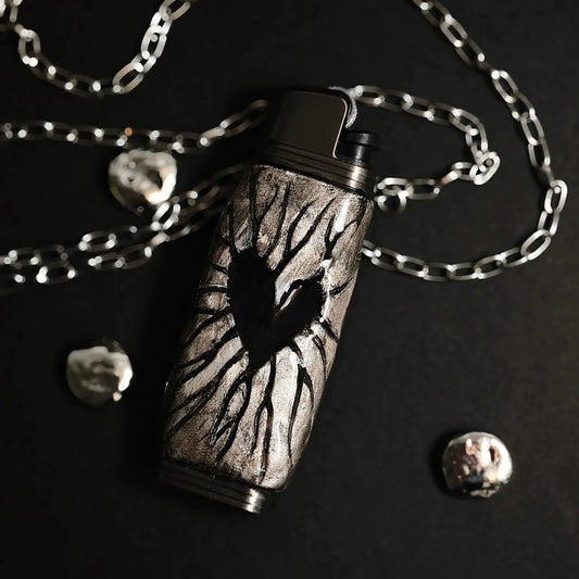 Silver metal lighter case with black heart and chain, Mellow Sora unique accessory