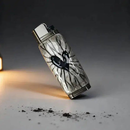 Mellow Sora lighter case with cracked heart design on metallic surface, moody background
