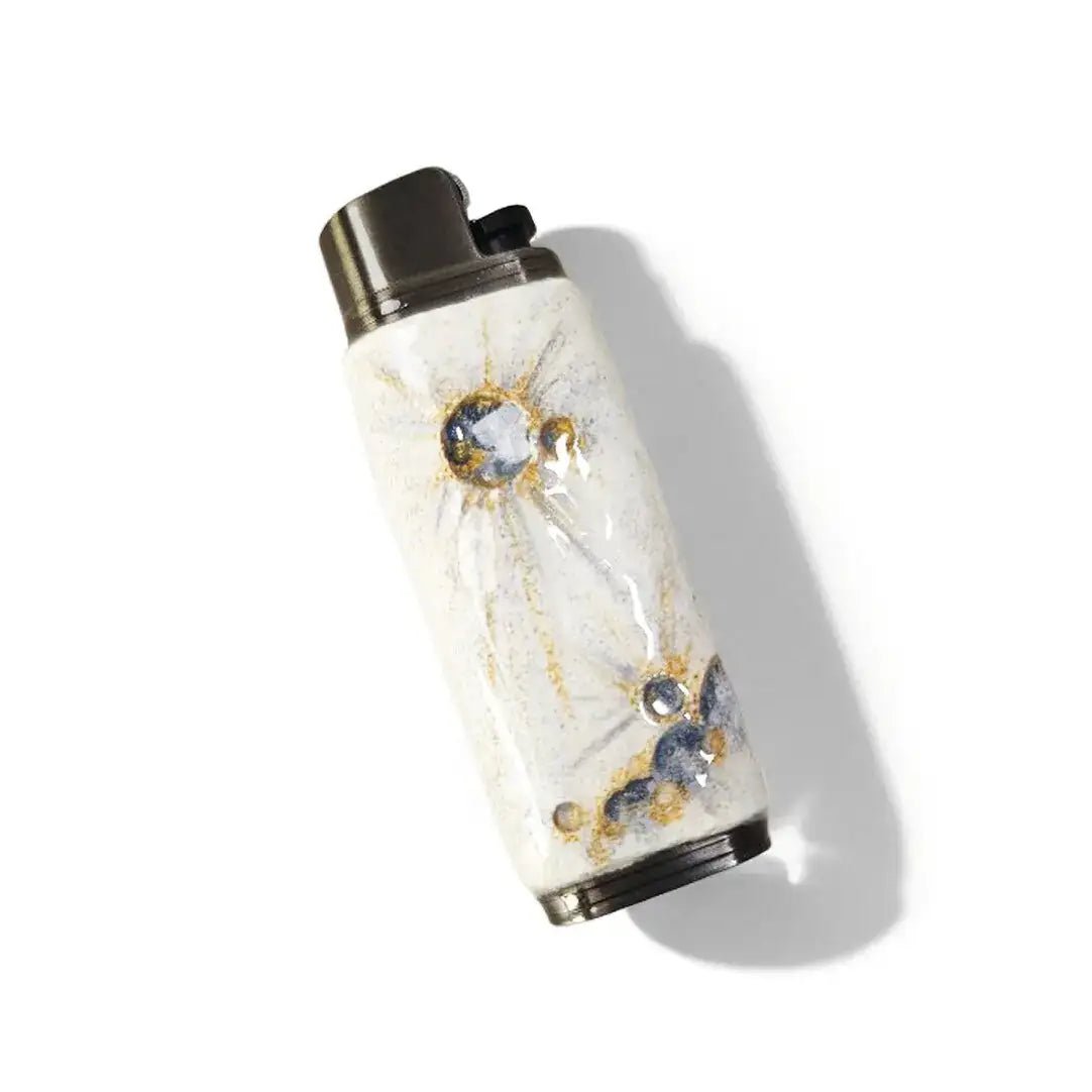 Decorative Mellow Sora lighter case with white and gold starburst pattern on white background