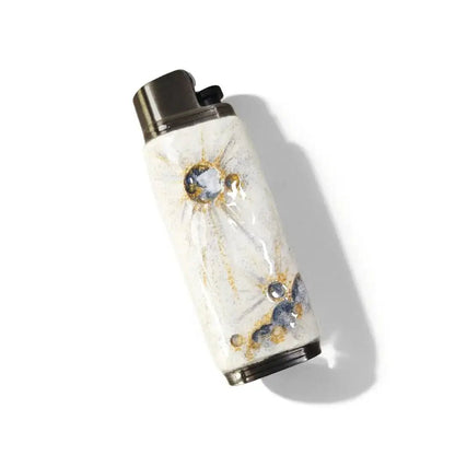 Decorative Mellow Sora lighter case with white and gold starburst pattern on white background
