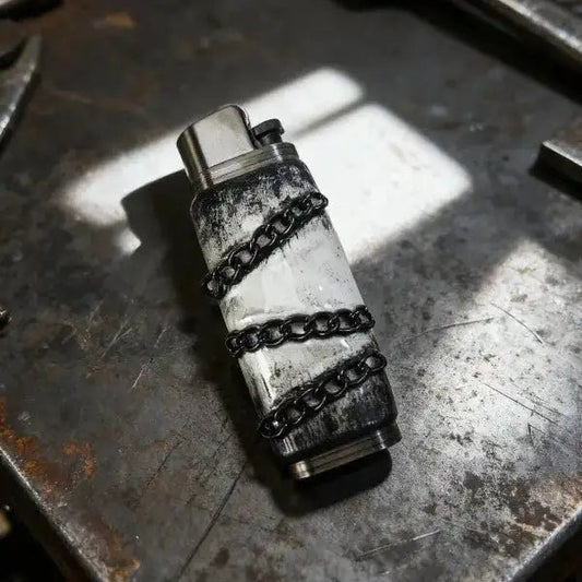 Stylish black and white lighter case with chains on metal surface, Mellow Sora accessory
