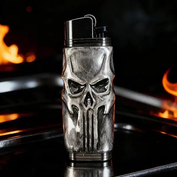 Metal skull lighter case from Mellow Sora with fire accents in the background