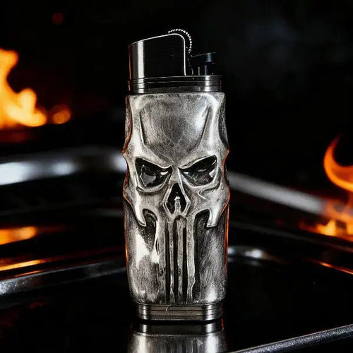 Metal skull lighter case from Mellow Sora with fire accents in the background