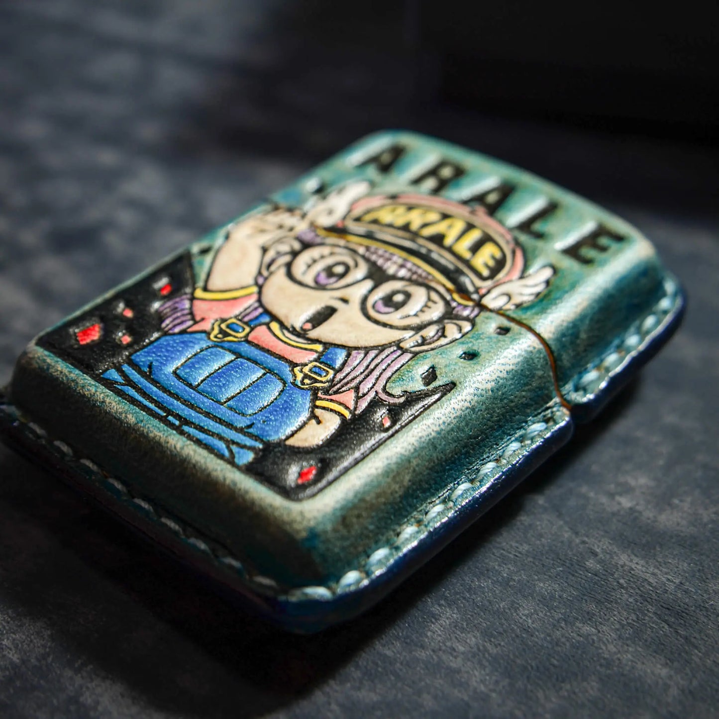 Handcrafted leather lighter case with colorful cartoon character, Mellow Sora accessory