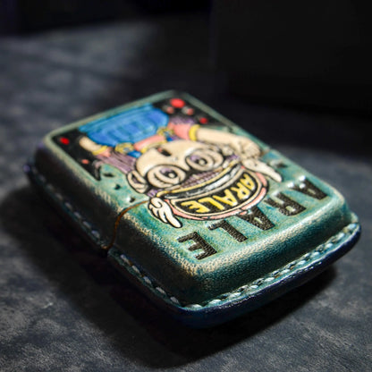 Colorful hand-stitched Mellow Sora lighter case with cartoon Artale design on textured surface