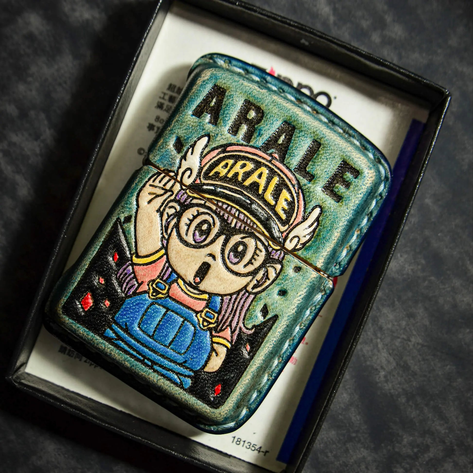 Colorful Arale-themed lighter case in box, Mellow Sora unique accessory design