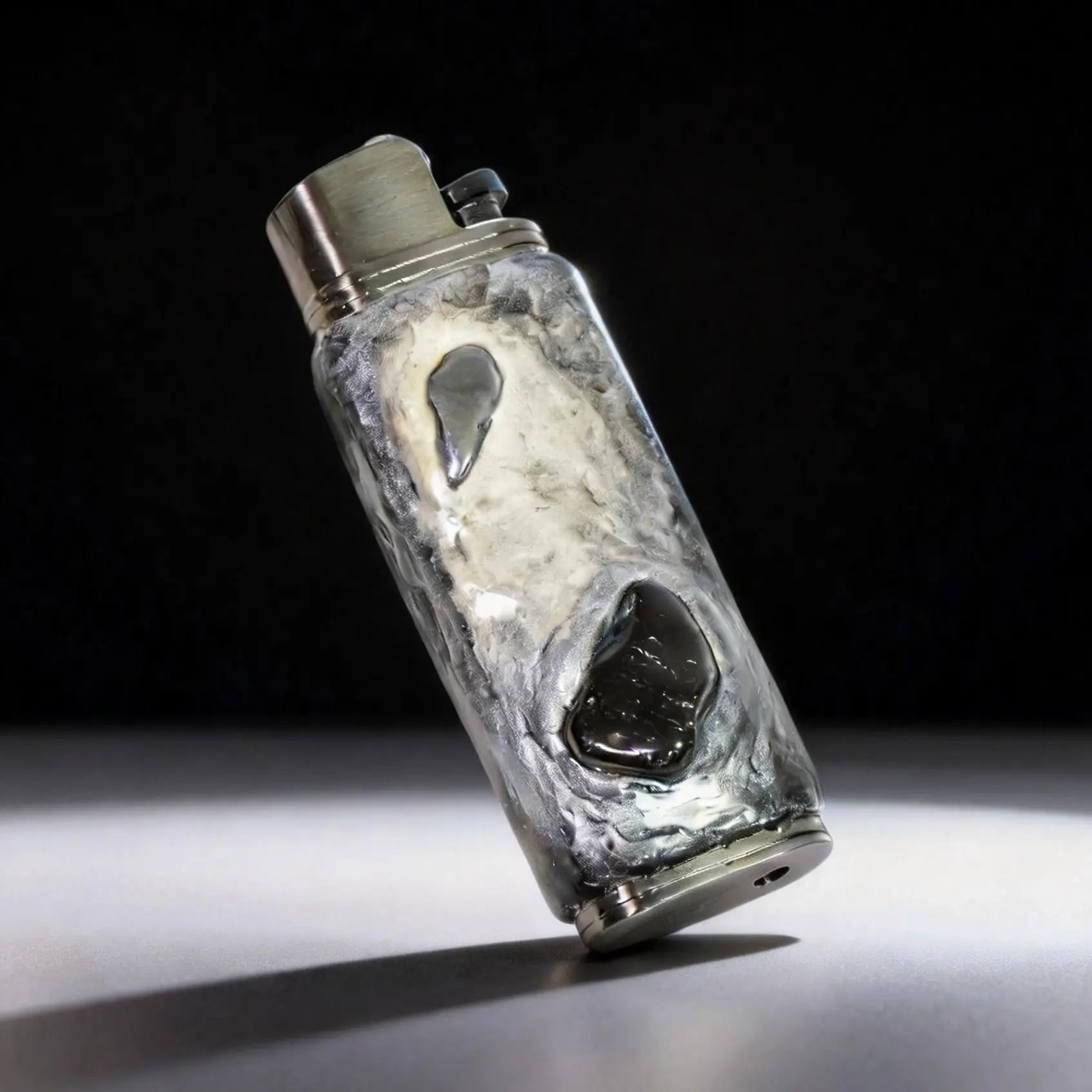 Artistic Mellow Sora lighter case with textured silver and black design on display